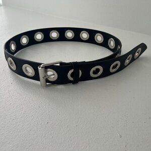 All Saints Large Grommet Leather Belt, Black Shiny Nickel Hardware, Size S/M